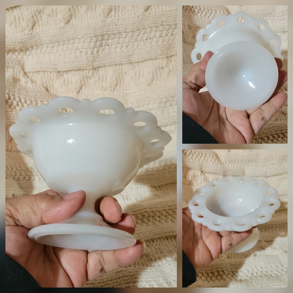 Vintage Anchor Hocking Milk Glass Lace "Old Colony" 5.25" Sherbet Bowl Pedestal